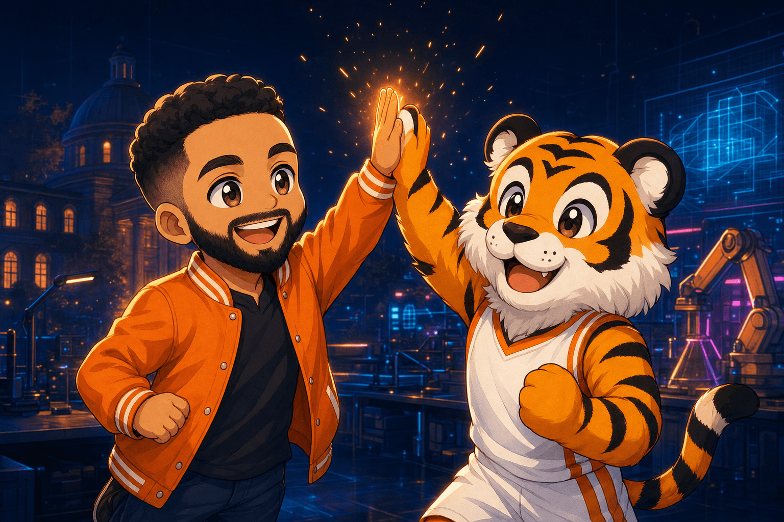 Chibi Nick Vaughn high-fiving a friendly tiger college mascot